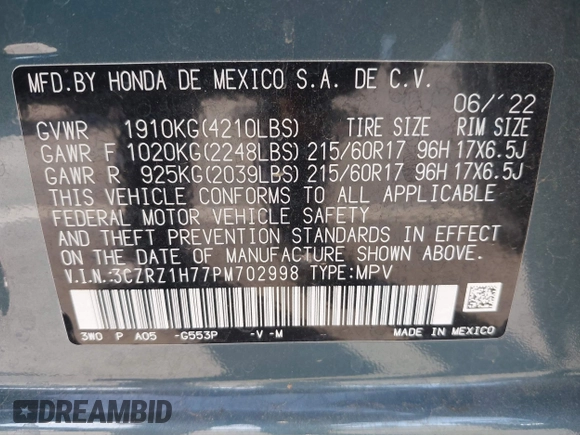 2023 Honda HR-V EX-L with VIN 3CZRZ1H77PM702998, listed as a IAAI auction lot 42267423 with 25,438 mi miles and . Bid and sale history available at DreamBid. Image 9.