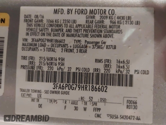 2017 Ford Fusion S with VIN 3FA6P0G79HR186602, listed as a IAAI auction lot 41360505 with Not Provided miles. Bid and sale history available at carsss.com. Image 9.