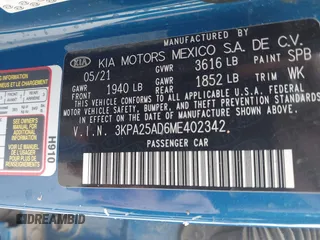 2021 Kia Rio S with VIN 3KPA25AD6ME402342, listed as a IAAI auction lot 41962804 with 41,197 mi miles and . Bid and sale history available at DreamBid. Image 9.