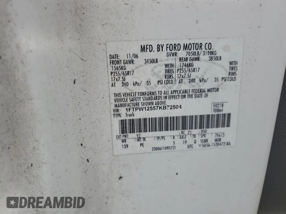 2007 Ford F-150 XLT z VIN 1FTPW12557KB72504, wystawiony jako Copart lot #50951135 z przebiegiem Nie podano mil oraz Szkoda całkowita • Salvage title. Historia ofert i sprzedaży dostępna na DreamBid. Obrazek 12.