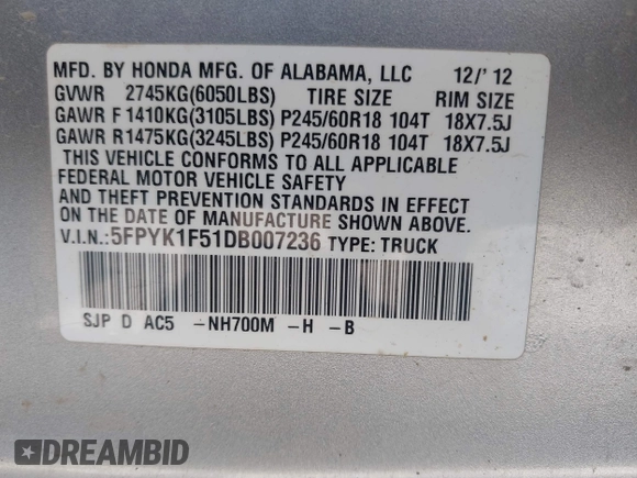 2013 Honda Ridgeline RTL with VIN 5FPYK1F51DB007236, listed as a IAAI auction lot 42762126 with 201,758 mi miles and . Bid and sale history available at DreamBid. Image 9.