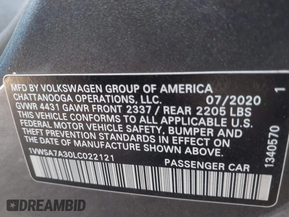 2020 Volkswagen Passat SE with VIN 1VWSA7A30LC022121, listed as a IAAI auction lot 42298013 with 70,186 mi miles and . Bid and sale history available at DreamBid. Image 9.