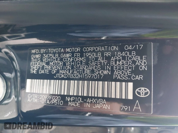 2017 Toyota Prius One with VIN JTDKDTB32H1597017, listed as a IAAI auction lot 42030182 with 56,461 mi miles and . Bid and sale history available at carsss.com. Image 9.