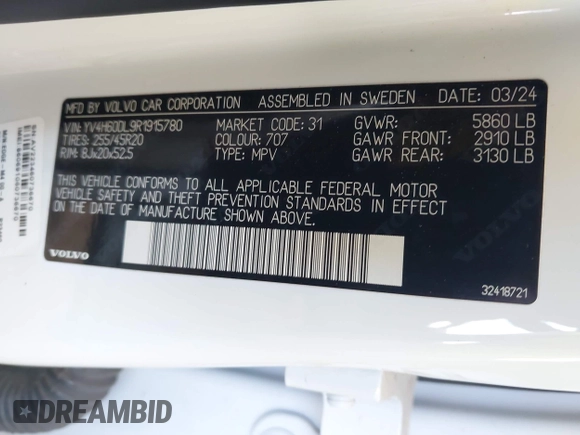 2024 Volvo XC60 Plus Dark Theme с VIN YV4H60DL9R1915780, выставлен на аукционе IAAI как лот 42025076 с пробегом Не указан миль и . История ставок и продаж доступна на DreamBid. Изображение 9.