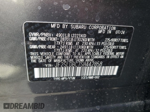 2025 Subaru Forester Premium с VIN JF2SLDBC7SH442858, выставлен на аукционе Copart как лот 59335765 с пробегом 2 555 миль миль и Списание • Salvage title. История ставок и продаж доступна на DreamBid. Изображение 12.