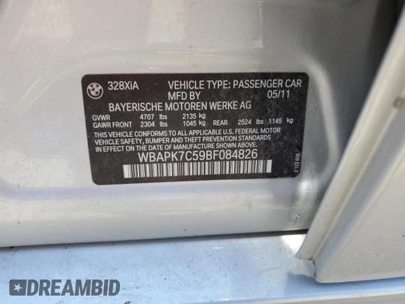 2011 BMW 3 Series 328i xDrive with VIN WBAPK7C59BF084826, listed as a Copart auction lot 63187345 with 152,216 mi miles and Salvage title. Bid and sale history available at DreamBid. Image 12.
