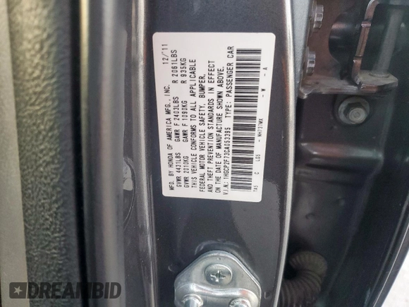 2012 Honda Accord EX with VIN 1HGCP2F73CA053395, listed as a Copart auction lot 59811235 with 151,977 mi miles and Salvage title. Bid and sale history available at DreamBid. Image 12.