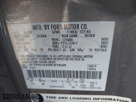 2009 Ford F-150 XL with VIN 1FTPW12V09FB19026, listed as a IAAI auction lot 41568618 with 207,541 mi miles. Bid and sale history available at carsss.com. Image 9.
