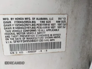 2013 Honda Pilot Touring with VIN 5FNYF3H95DB031130, listed as a IAAI auction lot 42669792 with 255,280 mi miles and . Bid and sale history available at DreamBid. Image 9.