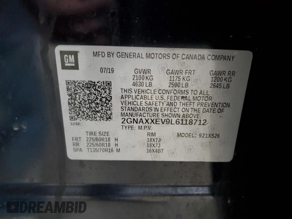 2020 Chevrolet Equinox Premier z VIN 2GNAXXEV9L6118712, wystawiony jako Copart lot #55355485 z przebiegiem 88 988 mil mil oraz Nie do naprawy • Non repairable. Historia ofert i sprzedaży dostępna na DreamBid. Obrazek 14.