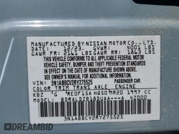 2024 Nissan Sentra SV with VIN 3N1AB8CV2RY275525, listed as a Copart auction lot 52139725 with 26,353 mi miles and Salvage Title. Bid and sale history available at DreamBid. Image 14.