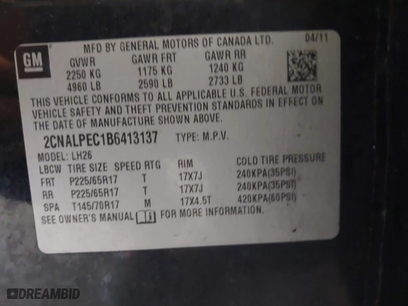 2011 Chevrolet Equinox LT w/2LT with VIN 2CNALPEC1B6413137, listed as a IAAI auction lot 41751646 with 180,745 mi miles. Bid and sale history available at carsss.com. Image 9.