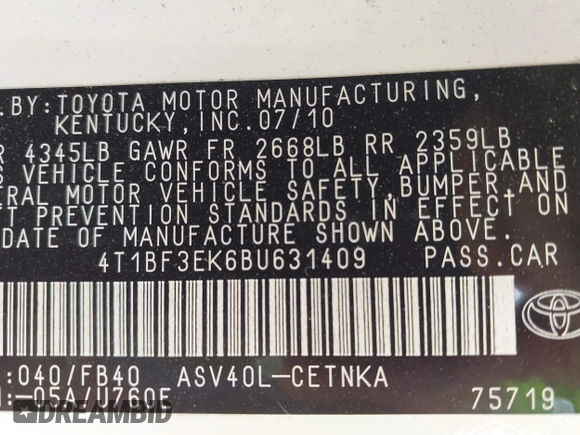 2011 Toyota Camry LE z VIN 4T1BF3EK6BU631409, wystawiony jako IAAI lot #42313431 z przebiegiem 117 409 mil mil oraz . Historia ofert i sprzedaży dostępna na DreamBid. Obrazek 9.