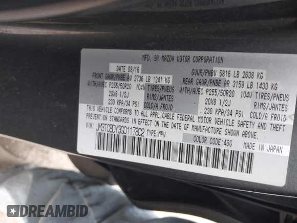 2016 Mazda CX-9 Grand Touring with VIN JM3TCBDY3G0117802, listed as a IAAI auction lot 42150821 with 157,760 mi miles and . Bid and sale history available at DreamBid. Image 9.