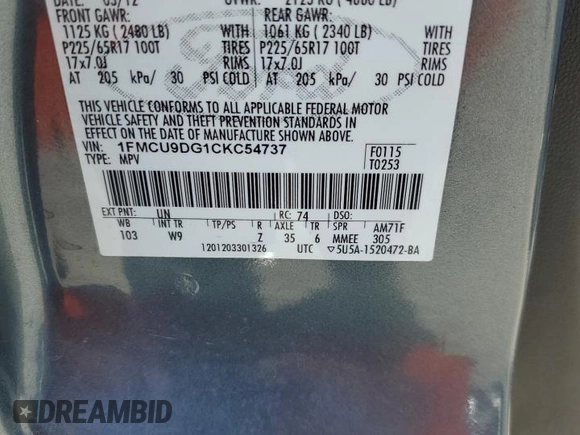 2012 Ford Escape XLT z VIN 1FMCU9DG1CKC54737, wystawiony jako Copart lot #59902055 z przebiegiem 206 067 mil mil oraz Szkoda całkowita • Salvage title. Historia ofert i sprzedaży dostępna na DreamBid. Obrazek 13.