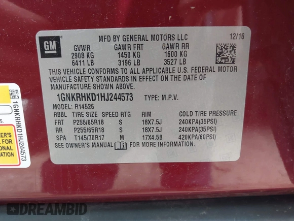 2017 Chevrolet Traverse LT with VIN 1GNKRHKD1HJ244573, listed as a IAAI auction lot 41997955 with 120,401 mi miles and . Bid and sale history available at DreamBid. Image 9.