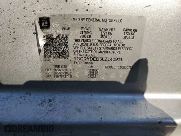 2020 Chevrolet Silverado 1500 LT with VIN 1GCRYDED5LZ141911, listed as a Copart auction lot 44265545 with Not Provided miles and Salvage Title. Bid and sale history available at DreamBid. Image 12.