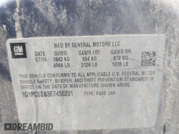 2014 Chevrolet Cruze 1LT with VIN 1G1PC5SB3E7430291, listed as a IAAI auction lot 42053823 with 105,443 mi miles and . Bid and sale history available at DreamBid. Image 9.