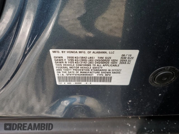 2019 Honda Pilot Touring 7-Passenger with VIN 5FNYF6H63KB094831, listed as a Copart auction lot 42200975 with 81,628 mi miles and Salvage Title. Bid and sale history available at DreamBid. Image 13.