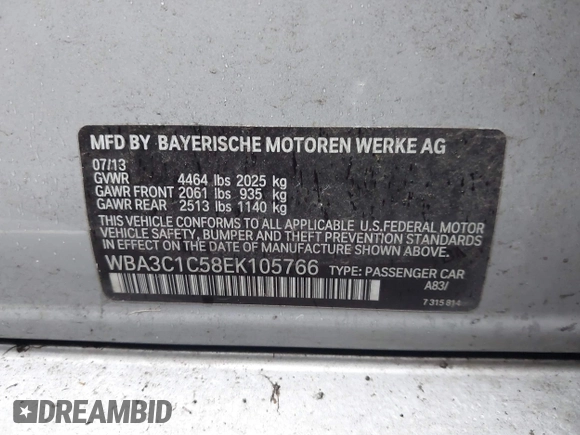 2014 BMW 3 Series 328i with VIN WBA3C1C58EK105766, listed as a IAAI auction lot 41692037 with 156,038 mi miles. Bid and sale history available at carsss.com. Image 9.