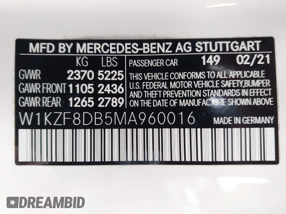 2021 Mercedes-Benz E 350 with VIN W1KZF8DB5MA960016, listed as a IAAI auction lot 42077589 with 52,264 mi miles and . Bid and sale history available at DreamBid. Image 9.