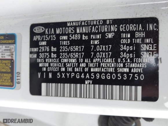 2016 Kia Sorento LX with VIN 5XYPG4A59GG053750, listed as a IAAI auction lot 41715747 with 110,323 mi miles. Bid and sale history available at carsss.com. Image 9.