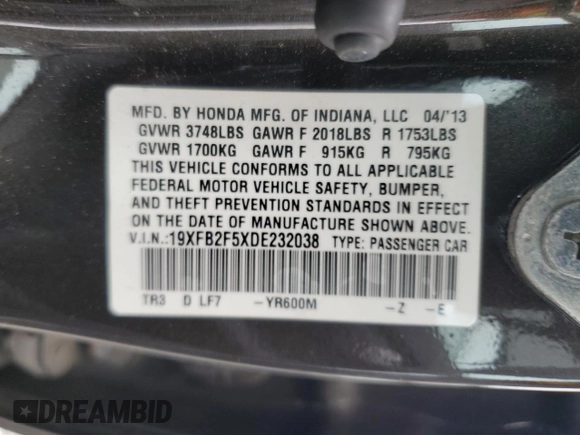 2013 Honda Civic LX z VIN 19XFB2F5XDE232038, wystawiony jako Copart lot #58690005 z przebiegiem 138 361 mil mil oraz Szkoda całkowita • Salvage title. Historia ofert i sprzedaży dostępna na DreamBid. Obrazek 13.