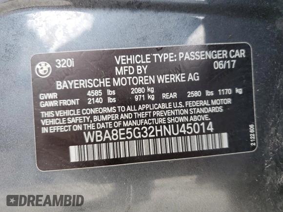 2017 BMW 3 Series 320i xDrive with VIN WBA8E5G32HNU45014, listed as a Copart auction lot 55808265 with 65,578 mi miles and Salvage title. Bid and sale history available at DreamBid. Image 12.