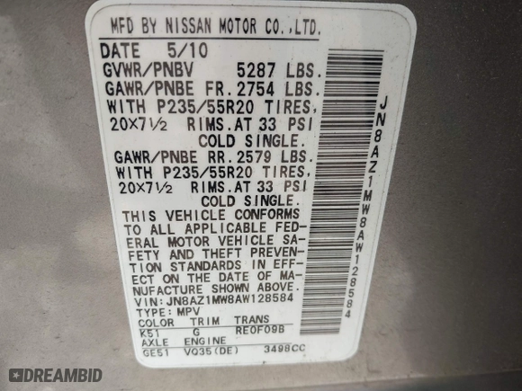 2010 Nissan Murano LE with VIN JN8AZ1MW8AW128584, listed as a IAAI auction lot 41913899 with 96,039 mi miles. Bid and sale history available at carsss.com. Image 9.