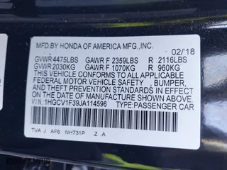 2018 Honda Accord Sedan Sport 1.5T with VIN 1HGCV1F39JA114596, listed as a IAAI auction lot 41466308 with 100,333 mi miles. Bid and sale history available at carsss.com. Image 9.