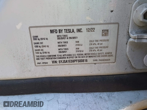 2023 Tesla Model S with VIN 5YJSA1E59PF500816, listed as a IAAI auction lot 42409049 with Not provided miles and . Bid and sale history available at DreamBid. Image 9.