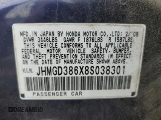2008 Honda Fit Sport z VIN JHMGD386X8S038301, wystawiony jako Copart lot #56425215 z przebiegiem 131 050 mil mil oraz Szkoda całkowita • Salvage title. Historia ofert i sprzedaży dostępna na DreamBid. Obrazek 12.