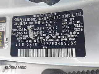 2014 Kia Sorento LX with VIN 5XYKTDA72EG489389, listed as a IAAI auction lot 41905133 with 152,578 mi miles. Bid and sale history available at carsss.com. Image 9.