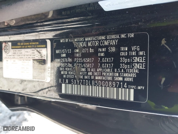 2013 Hyundai Santa Fe Sport with VIN 5XYZTDLB5DG089714, listed as a IAAI auction lot 41776719 with 185,212 mi miles. Bid and sale history available at carsss.com. Image 9.