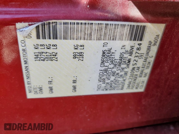 2009 Nissan Altima SL with VIN 1N4AL21E09N523784, listed as a Copart auction lot 53528935 with 168,675 mi miles and Salvage Title. Bid and sale history available at DreamBid. Image 12.