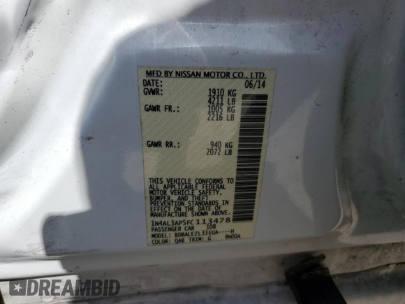 2015 Nissan Altima S with VIN 1N4AL3AP5FC113478, listed as a Copart auction lot 54861625 with 256,573 mi miles and Salvage Title. Bid and sale history available at DreamBid. Image 13.