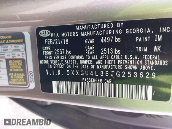 2018 Kia Optima EX with VIN 5XXGU4L36JG253629, listed as a IAAI auction lot 42079946 with 136,575 mi miles and . Bid and sale history available at carsss.com. Image 9.
