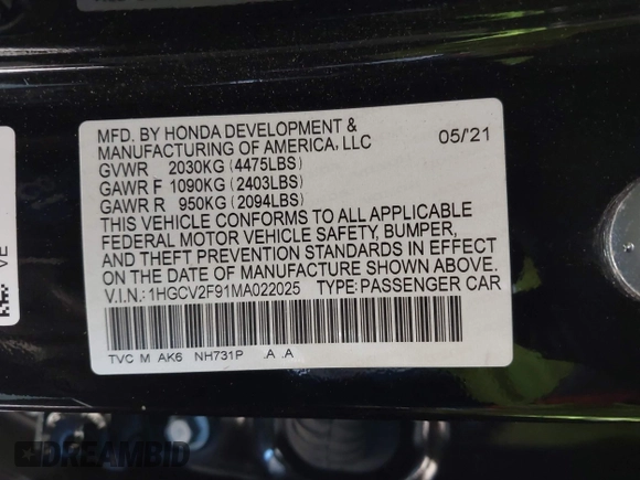 2021 Honda Accord Touring with VIN 1HGCV2F91MA022025, listed as a IAAI auction lot 42048514 with 47,630 mi miles and . Bid and sale history available at DreamBid. Image 9.
