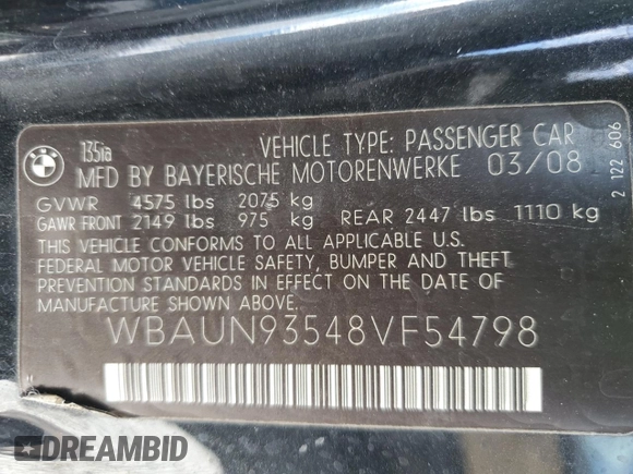 2008 BMW 1 Series 135i with VIN WBAUN93548VF54798, listed as a Copart auction lot 47209055 with 144,328 mi miles and Salvage title. Bid and sale history available at DreamBid. Image 12.