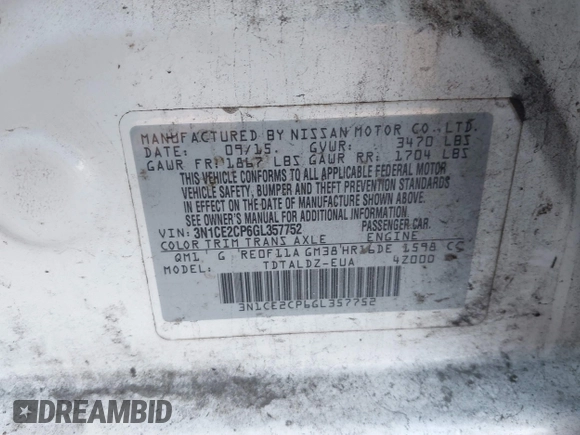 2016 Nissan Note S Plus with VIN 3N1CE2CP6GL357752, listed as a IAAI auction lot 41369809 with 135,706 mi miles and . Bid and sale history available at DreamBid. Image 9.