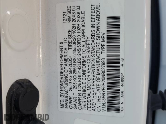 2022 Honda Pilot Special Edition with VIN 5FNYF6H20NB027993, listed as a Copart auction lot 59803495 with Not provided miles and Salvage title. Bid and sale history available at DreamBid. Image 13.