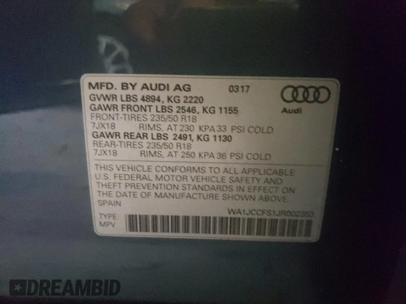 2018 Audi Q3 Premium Plus with VIN WA1JCCFS1JR002353, listed as a Copart auction lot 73170522 with 52,210 mi miles. Bid and sale history available at carsss.com. Image 13.
