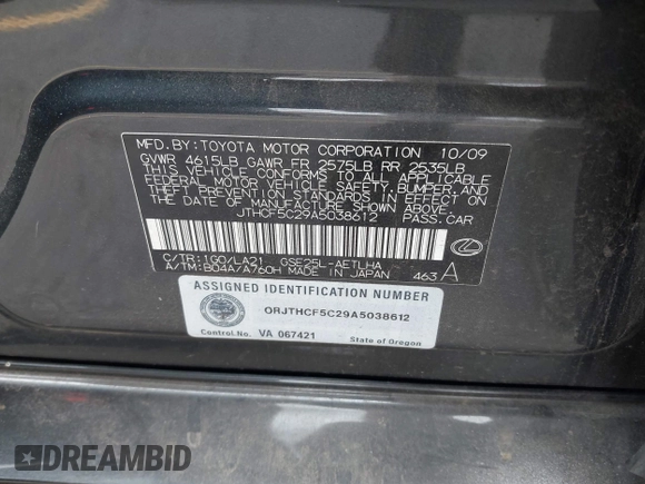 2010 Lexus IS 250 with VIN JTHCF5C29A5038612, listed as a IAAI auction lot 42257923 with 146,995 mi miles and . Bid and sale history available at DreamBid. Image 9.