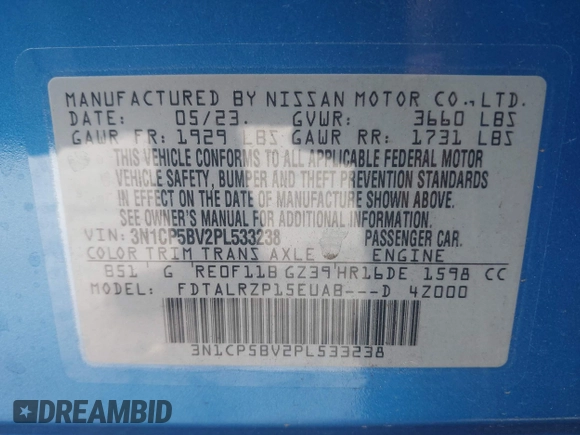 2023 Nissan Kicks S with VIN 3N1CP5BV2PL533238, listed as a IAAI auction lot 41714143 with 14,135 mi miles and . Bid and sale history available at DreamBid. Image 9.