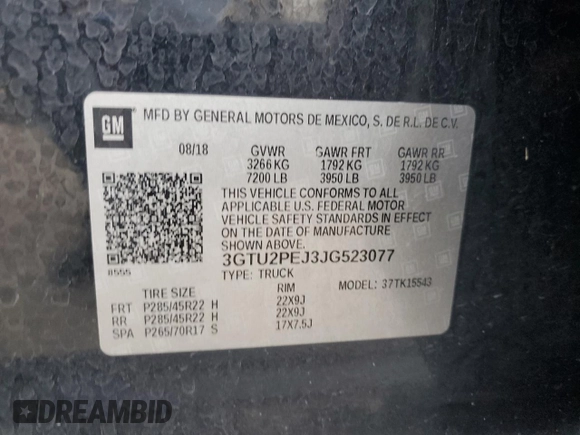 2018 GMC Sierra 1500 Denali z VIN 3GTU2PEJ3JG523077, wystawiony jako Copart lot #72094704 z przebiegiem 117 756 mil mil oraz Szkoda całkowita • Salvage title. Historia ofert i sprzedaży dostępna na DreamBid. Obrazek 14.