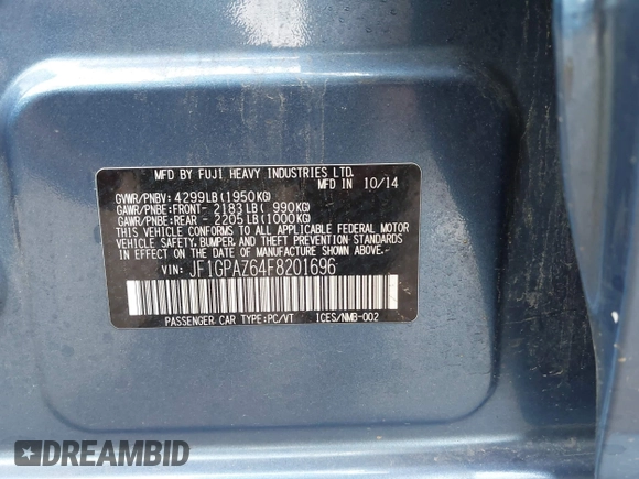 2015 Subaru Impreza Special Sports Limited с VIN JF1GPAZ64F8201696, выставлен на аукционе IAAI как лот 42206315 с пробегом 108 398 миль миль и . История ставок и продаж доступна на DreamBid. Изображение 9.