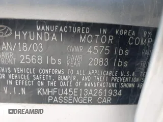 2003 Hyundai XG z VIN KMHFU45E13A261934, wystawiony jako IAAI lot #42121245 z przebiegiem 210 498 mil mil oraz . Historia ofert i sprzedaży dostępna na DreamBid. Obrazek 9.