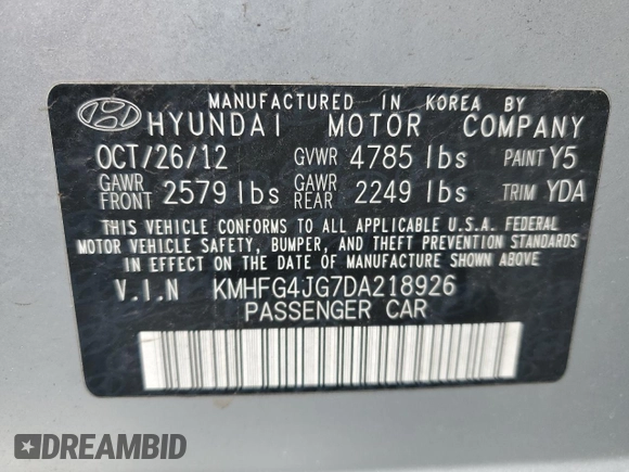 2013 Hyundai Azera z VIN KMHFG4JG7DA218926, wystawiony jako Copart lot #57419495 z przebiegiem 90 968 mil mil oraz Szkoda całkowita • Salvage title. Historia ofert i sprzedaży dostępna na DreamBid. Obrazek 12.