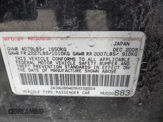 2009 Mitsubishi Lancer with VIN JA3AU86W29U039924, listed as a IAAI auction lot 41923692 with 183,591 mi miles and . Bid and sale history available at DreamBid. Image 9.