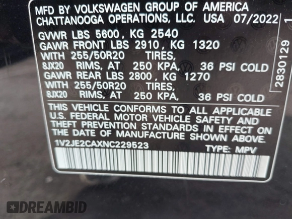2022 Volkswagen Atlas SE с VIN 1V2JE2CAXNC229523, выставлен на аукционе IAAI как лот 41364396 с пробегом 19 781 миль миль и . История ставок и продаж доступна на DreamBid. Изображение 9.